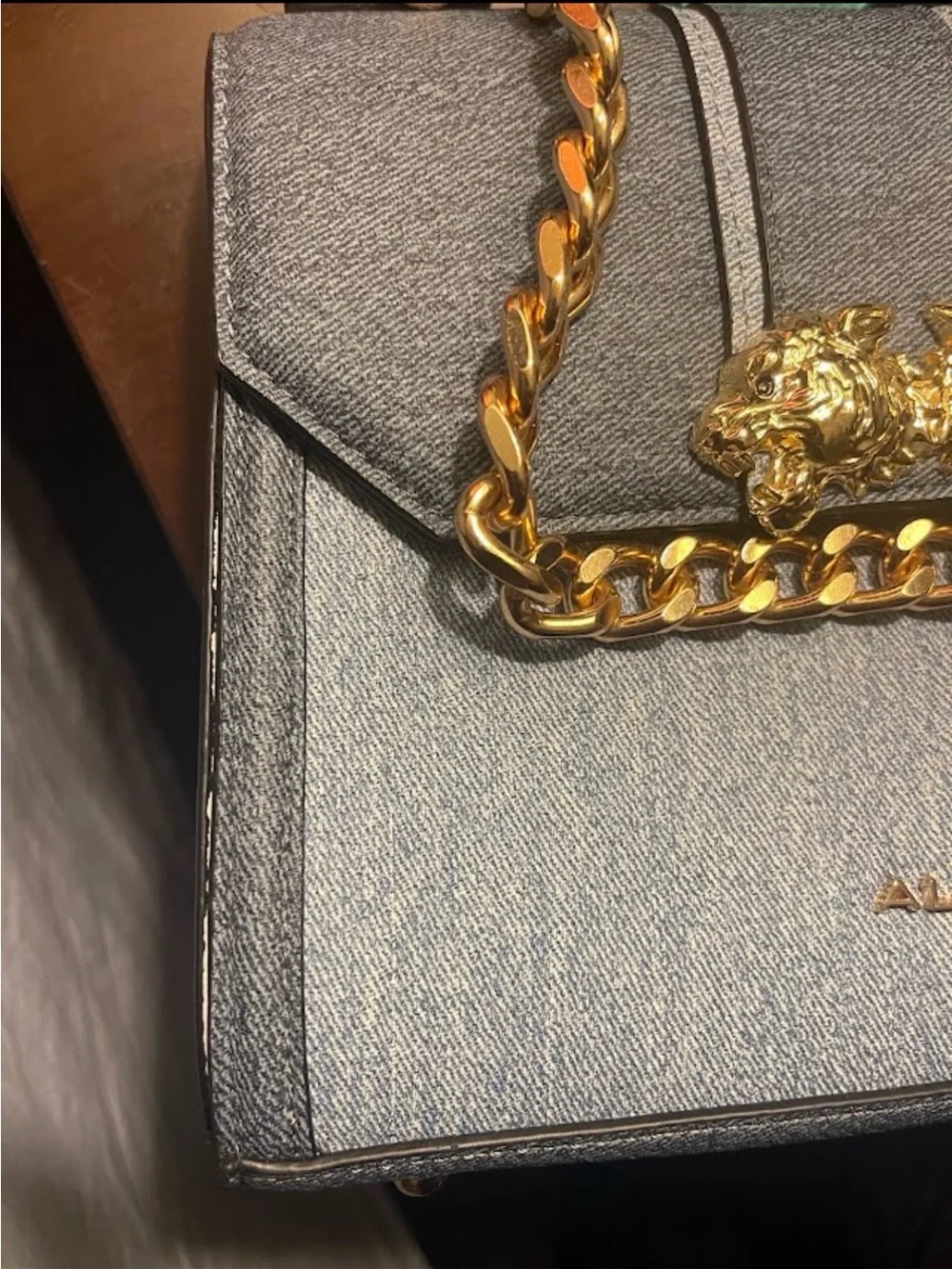 Aldo Blue Denim Structured Top-Handle Satchel with Gold Chain